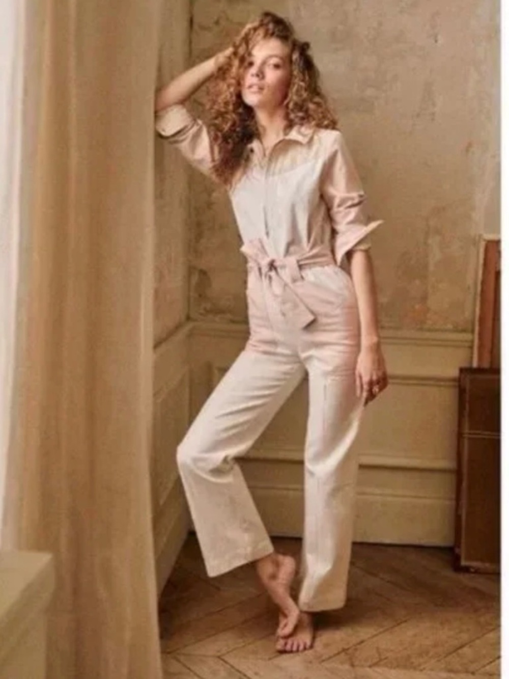 Sezane Cream Button-Front Jumpsuit with Tie Waist
